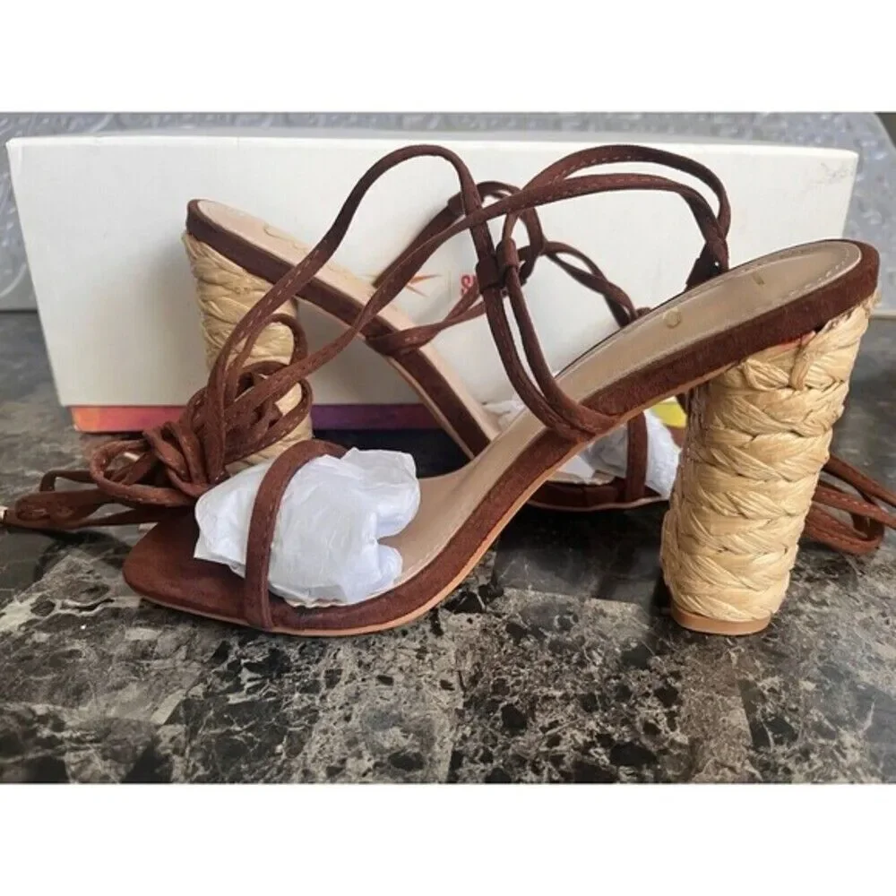 Lulus Women's Lace-Up Brown Wedge Block Heels‎ Party Brown Sandals